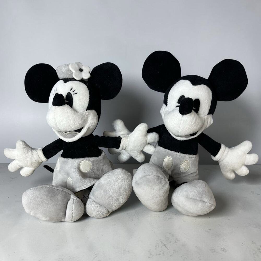 Disney Parks Steamboat Willie Style Mickey Minnie Mouse Monochrome Plush Pair 9"